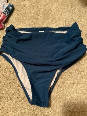 High-Waist Ruched Swim Bottoms - Teal Blue